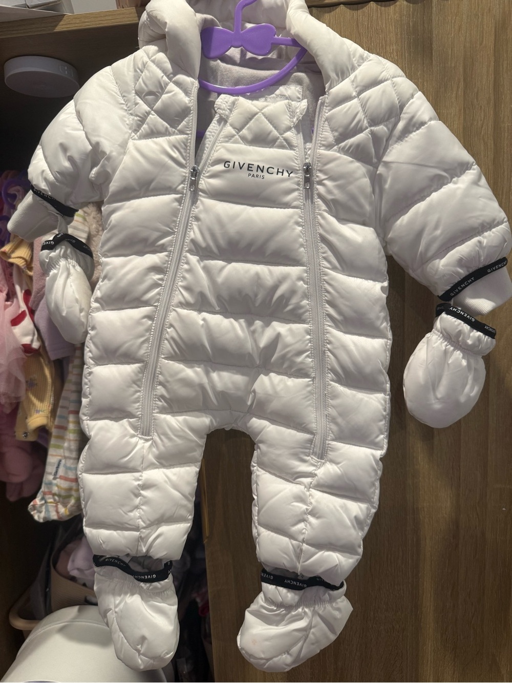 Givenchy White Quilted Baby Snowsuit with Branded Trim
